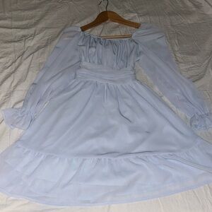 Blue flowy dress, sheer long sleeves